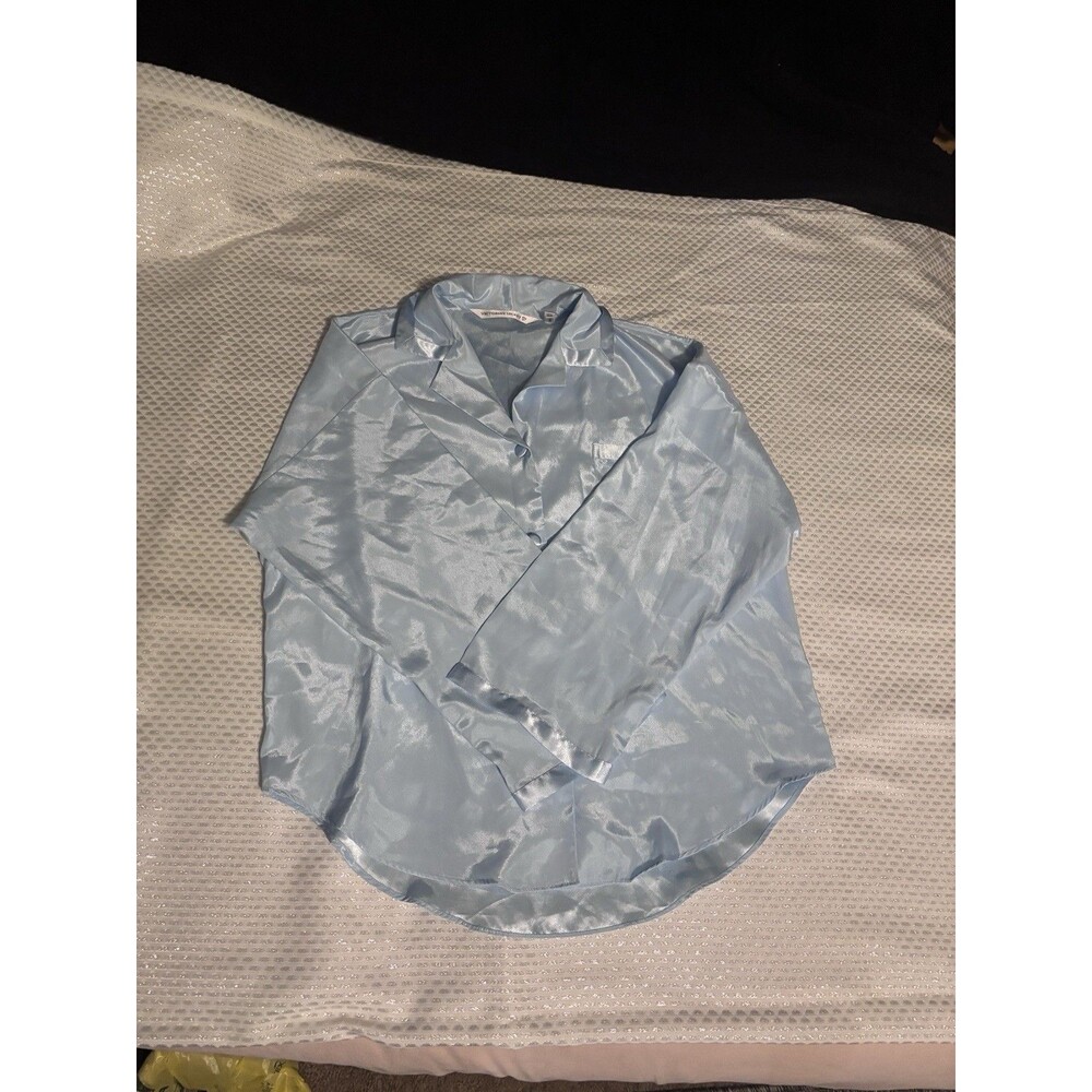 Victoria's Secret 100% Silk Pajama Top M Blue Geometric Button Up Sleep Shirt